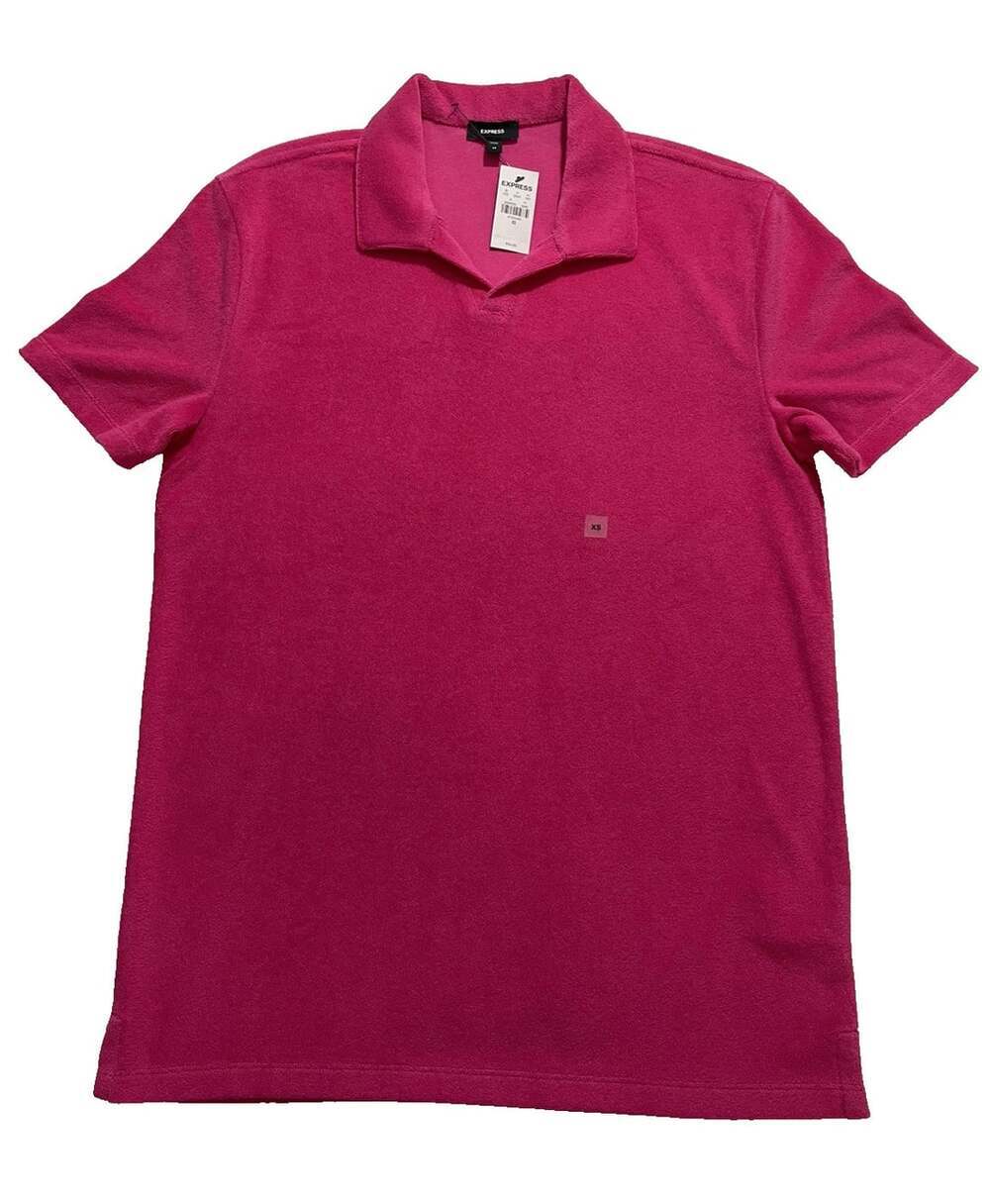 New Express Unisex Women Mens XS Bright Pink Terry Cloth Polo Shirt Cotton Blend